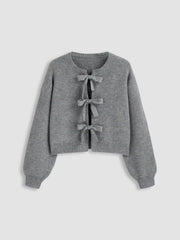 Knit Round Neckline Solid Tie Front Cardigan Curve & Plus
