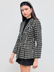 Tweed Collar Check Pocket Button Blazer