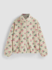 Fleece Stand Collar Floral Zipper Jacket