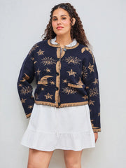 Knit Round Neckline Star Sun Moon Contrasting Binding Long Sleeve Cardigan Curve & Plus