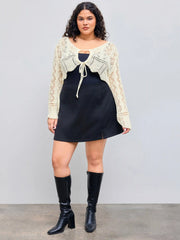 Solid Crochet Tie Front Deep V Neck Crop Top Curve & Plus
