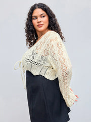 Solid Crochet Tie Front Deep V Neck Crop Top Curve & Plus