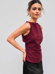 Linen-blend Boat Neckline Solid Bowknot Tank Top
