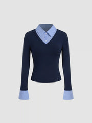 Cotton-blend Collar Stripe Two Tone Top