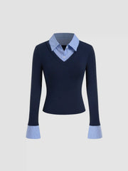 Cotton-blend Collar Stripe Two Tone Top