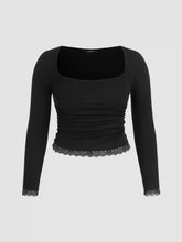 Square Neck Lace Trim Ruched Long Sleeve Tee Curve & Plus