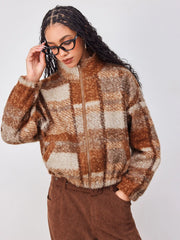 Fleece Stand Collar Checks Pocket Oversized Jacket