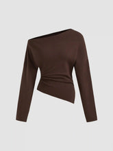 Knit Asymmetrical Neck Solid Ruched Long Sleeve Top