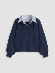 Cable Knit Collar Two Tone Oversized Top Curve & Plus