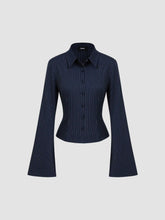 Collar Striped Cinched Waist Bell Sleeve Shirt