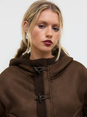 Faux Shearling Hooded Pocket Toggle Button Oversized Jacket