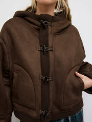 Faux Shearling Hooded Pocket Toggle Button Oversized Jacket