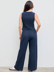 Cotton-blend V-neck Solid Button Vest & Mid Rise Pocket Wide Leg Trousers
