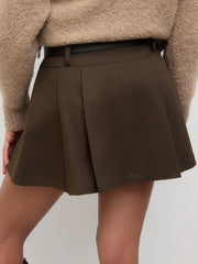 Mid Waist Solid Pleated Skort with Belt