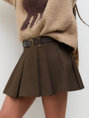 Mid Waist Solid Pleated Skort with Belt
