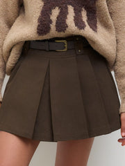 Mid Waist Solid Pleated Skort with Belt
