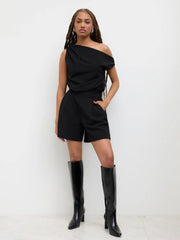 Asymmetrical Neck Solid Pleated Romper