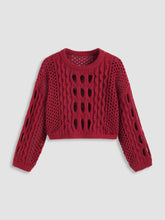 Knit Round Neckline Hollow Out Long Sleeve Crop Top Curve & Plus
