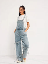 Denim Bowknot Buckle Up Pocket Wide Leg Jumpsuit
