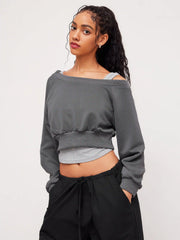 Terry Off-shoulder Cropped Oversized Sweatshirt & Ruched Tank Top