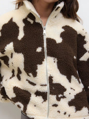 Fleece Funnel Neck Print Drawstring Oversized Jacket
