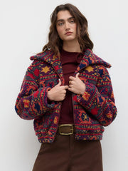 Fleece Collar Graphic Oversized Jacket