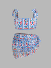 Square Neck Floral Knotted Bracelet Full Coverage Bikini Swimsuit With Sarong Curve & Plus