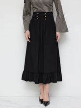 Mid Rise Solid Button Lace Up Ruffle Maxi Skirt