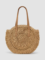 ROUND STRAW & FAUX LEATHER TOTE BAG