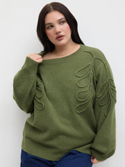 Knit Round Neckline Leaf Braid Oversized Sweater Curve & Plus