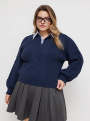 Cable Knit Collar Two Tone Oversized Top Curve & Plus