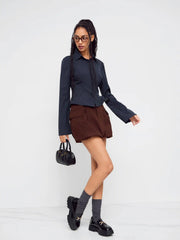 Collar Striped Cinched Waist Bell Sleeve Shirt