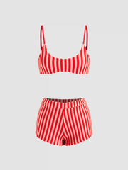 Terry U-neckline Stripe Bracelet Bikini Set & Cover Up Shorts