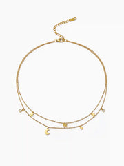 STAR & MOON & RHINESTONE 18K GOLD PLATED STAINLESS STEEL PENDANT LAYERED NECKLACE