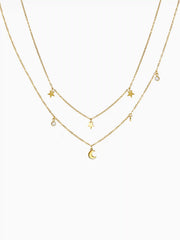 STAR & MOON & RHINESTONE 18K GOLD PLATED STAINLESS STEEL PENDANT LAYERED NECKLACE