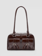 DOUBLE POCKET BOSTON FAUX LEATHER SHOULDER BAG