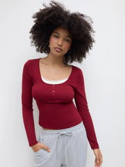 Square Neck Lace Trim Two Tone Long Sleeve Tee