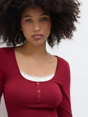 Square Neck Lace Trim Two Tone Long Sleeve Tee