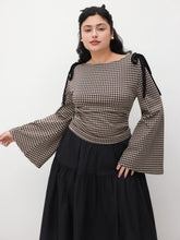 Boat Neck Gingham Bowknot Ruched Long Sleeve Top Curve & Plus