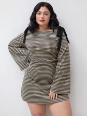 Cotton-blend Boat Neck Gingham Bowknot Ruched Mini Dress Curve & Plus