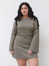 Cotton-blend Boat Neck Gingham Bowknot Ruched Mini Dress Curve & Plus