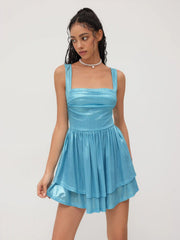 Metallic Square Neck Ruffle Tiered Mini Dress