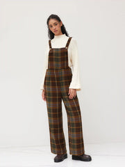 Tweed Plaid Button Up Wide Leg Jumpsuit