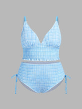 V-neck Tartan Shirred Triangle Drawstring Bikini Set Curve & Plus