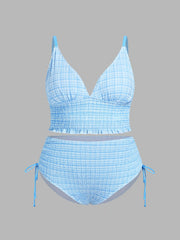 V-neck Tartan Shirred Triangle Drawstring Bikini Set Curve & Plus