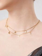STAR & MOON & RHINESTONE 18K GOLD PLATED STAINLESS STEEL PENDANT LAYERED NECKLACE