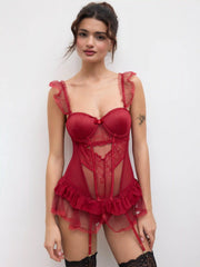 Lace Floral Bowknot Ruffle Corset Lingerie With Thong Set