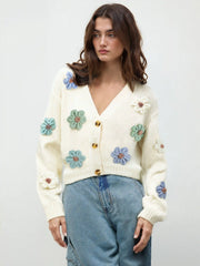 Knit V-neck Button Flower Cardigan