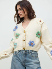 Knit V-neck Button Flower Cardigan
