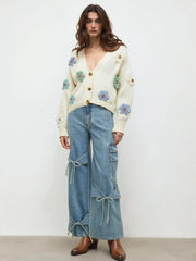 Knit V-neck Button Flower Cardigan